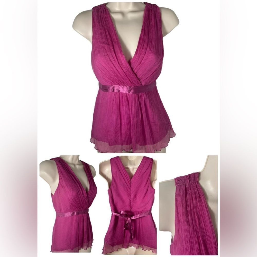 Saja Magenta Haze Y2K Silk Ruffle Tie Vintage Sleeveless Blouse - Picture 6 of 7
